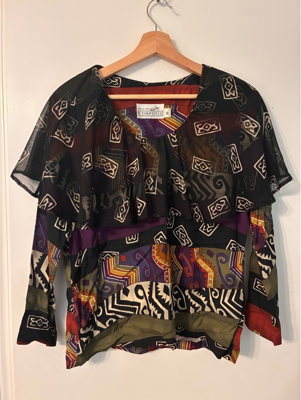 Vintage Componix Patchwork Abstract Sheer Overlay Blouse Women’s Size 10